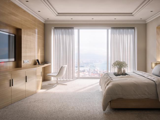 Beautiful hotel room suite, elegant and luxury with modern style, wooden walls and great view of the city. 3D Photorealistic render