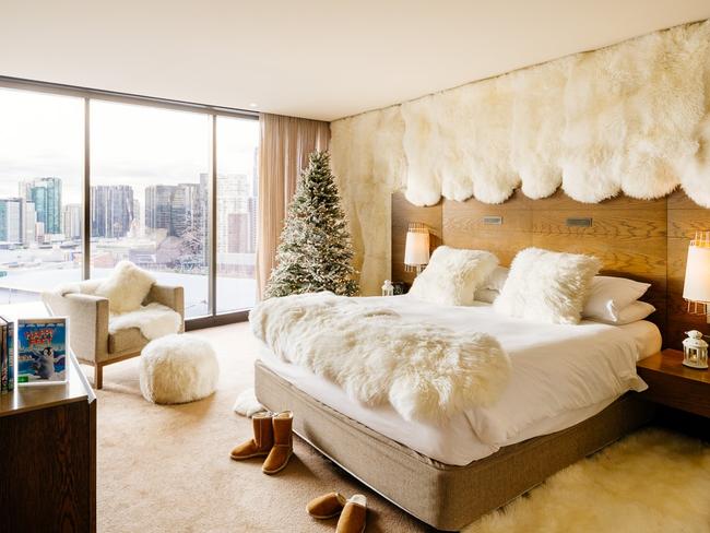 HILTON Melbourne winter hotel room, with Ugg decor Sunday Escape David Hurley story