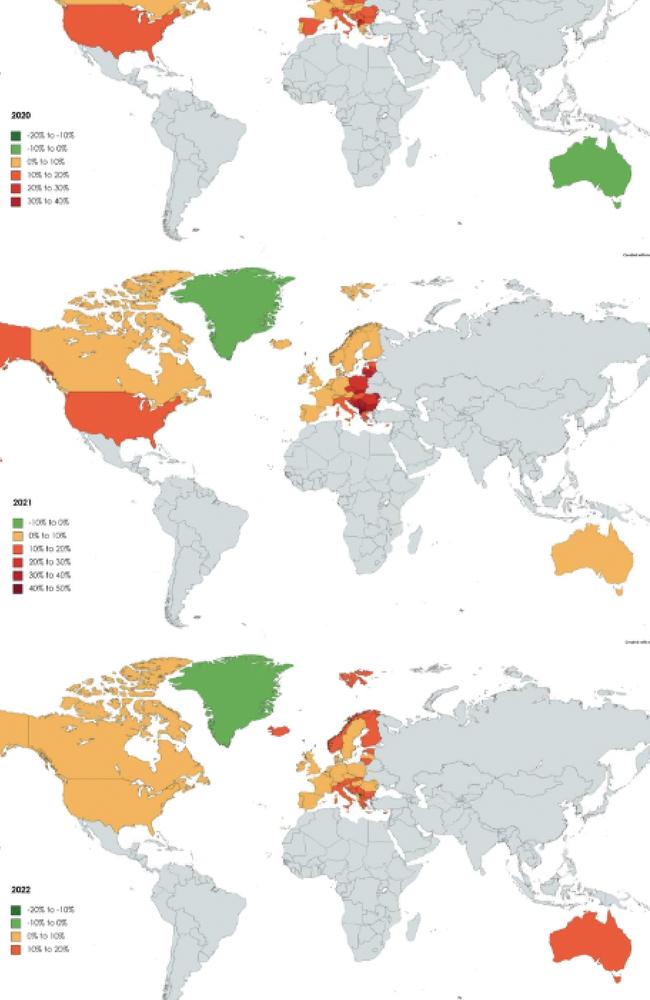 Chart from the BMJ Public Health report which shows increase in mortality worldwide 2020-2022, with a 10% to 20% increase in Australians’ mortality in 2022. Picture: Supplied