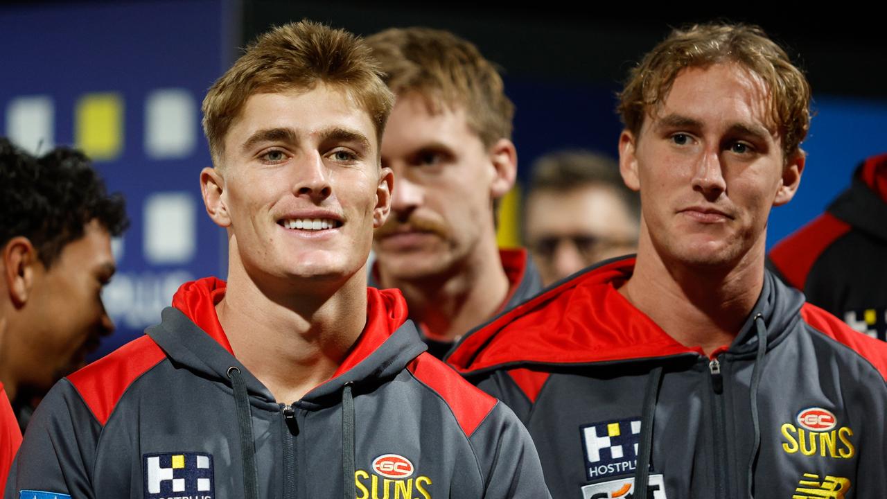 Gold Coast Suns youngsters Will Graham and Sam Clohesy. Picture: Dylan Burns/AFL Photos via Getty Images