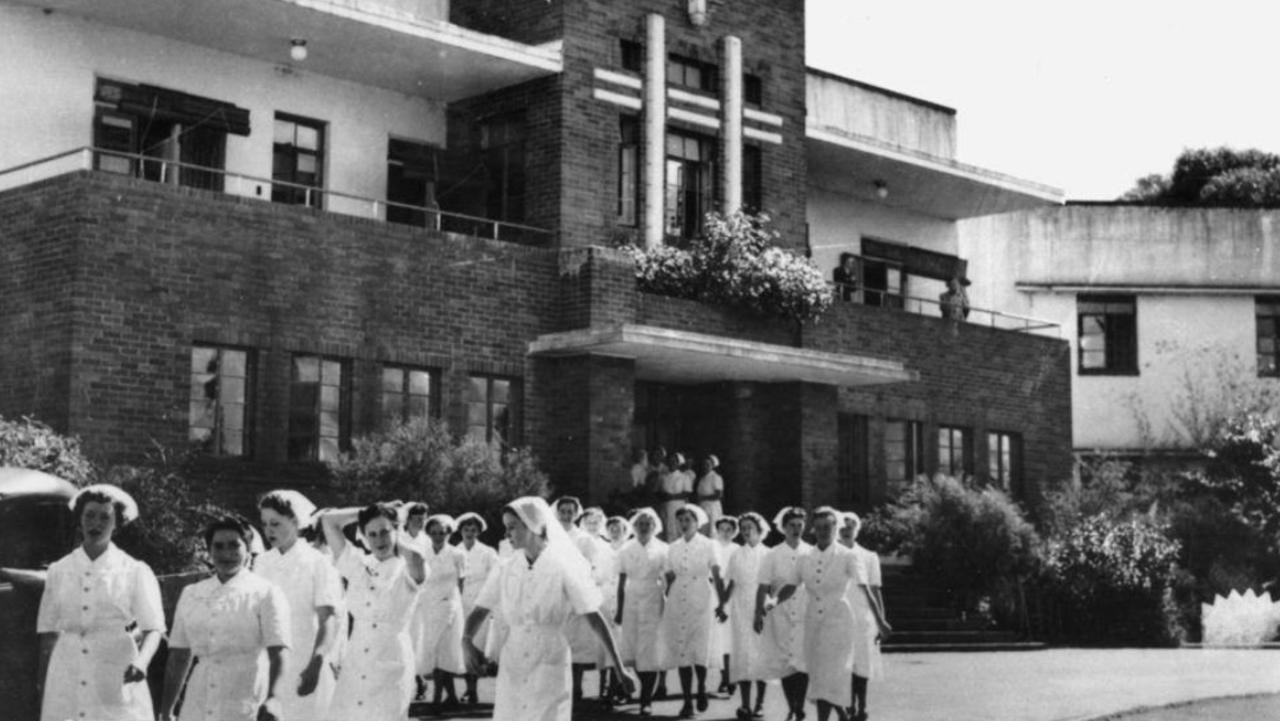 Kingaroy Hospital, 1950. Serving the South Burnett with modern facilities, the hospital averages 70 daily attendances. Nurses are seen leaving duty to return to their quarters within the hospital grounds. Source: Unknown