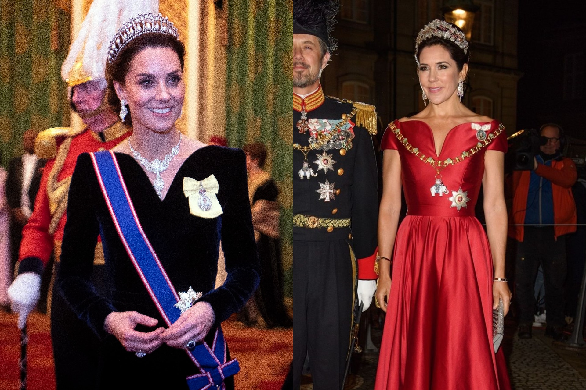 <h2><b>Princess Kate (2018) and Crown Princess Mary (2018)</b></h2><p>It&rsquo;s the distinctive, exaggerated sweetheart neckline of Kate and Mary&rsquo;s ball gowns, worn by both royals in 2018, that catches the eye. The Duchess of Cambridge&rsquo;s Alexander McQueen dress is long-sleeved and crafted from blue velvet, while Crown Princess Mary&rsquo;s S&oslash;ren Le Schmidt design is a shimmering red satin. Nevertheless, when styled with their tiaras, updos and royal accoutrements, the resemblance is striking.&nbsp;</p>