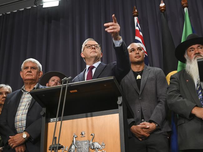 CANBERRA, AUSTRALIA - MARCH 23: Prime Minister, Anthony Albanese holds a press conference with the Minister for Indigenous Australians, Linda Burney, the Attorney-General, Mark Dreyfus, Senator Malarndirri McCarthy, Senator Patrick Dodson, and members of the Referendum Working Group hold a press conference at Parliament house in Canberra. Picture: NCA NewsWire / Martin Ollman