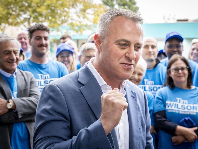 Liberals candidate, Tim Wilson celebrates after defeating Independent Zoe Daniel in the seat of Goldstein. Picture: Jake Nowakowski