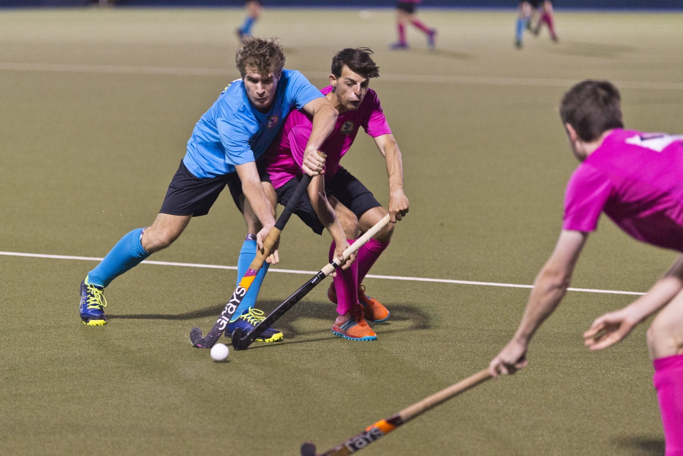 SQPS Scorers player Matthew Burge (left) and Josh McPaul of Pink Batts in Iron Jack Challenge mens hockey at Clyde Park, Friday, February 28, 2020. Picture: Kevin Farmer