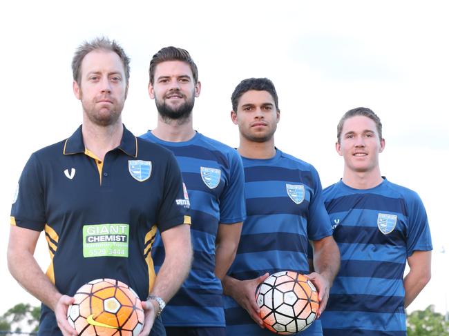 Gold Coast City soccer coach Grae Piddick with new players Sam Smith, Jarrod Kyle and Ethan Grimley at Runaway Bay Super Sports Centre ready for NPL Queensland season-opener. Picture Glenn Hampson