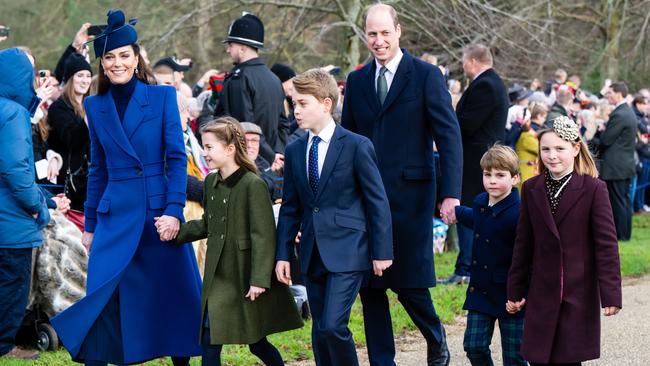 Princess Catherine, and children Princess Charlotte and Prince George of Wales, Prince William, Prince Louis and Mia Tindall at the 2023 Christmas Morning Service. Picture: Samir Hussein/WireImage