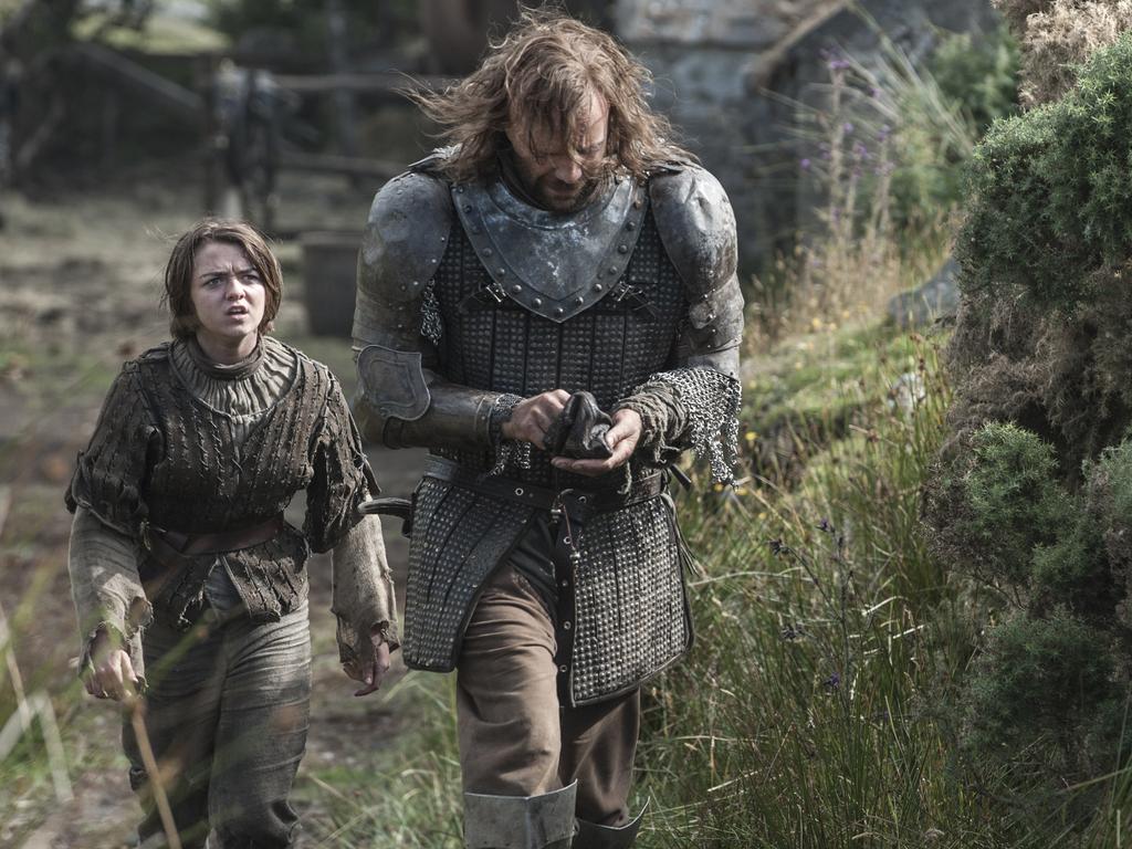Maisie Williams as Arya Stark and Rory McCann as Sandor ‘The Hound’ Clegane in Game of Thrones.