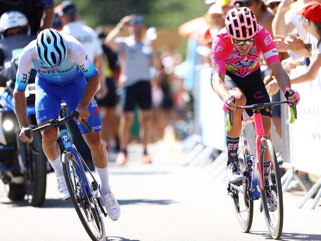 MENDE, FRANCE - JULY 16: (L-R) Michael Matthews of Australia and Team BikeExchange - Jayco and Alberto Bettiol of Italy and Team EF Education - Easypost attack during the 109th Tour de France 2022, Stage 14 a 192,5km stage from Saint-Etienne to Mende 1009m / #TDF2022 / #WorldTour / on July 16, 2022 in Mende, France. (Photo by Michael Steele/Getty Images)