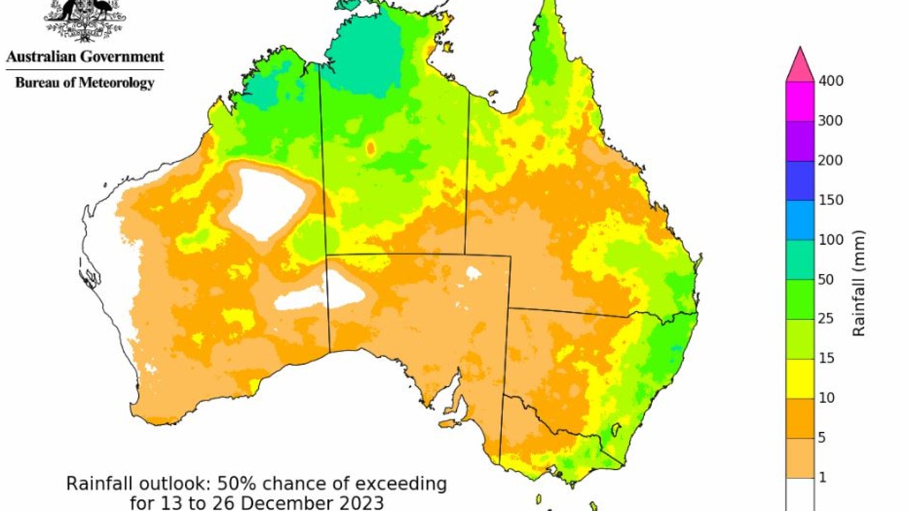 Eastern and northern parts of Australia are showing more than a 50 per cent chance of some rain in the week of Christmas. Picture: Bureau of Meteorology.