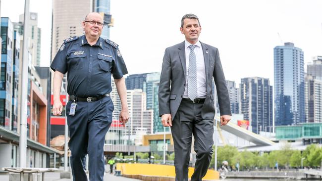 Chief Commissioner Graham Ashton and Police Association Victoria secretary Wayne Gatt, who walked to raise awareness about mental health, are backing the initiative. Picture: Tim Carrafa