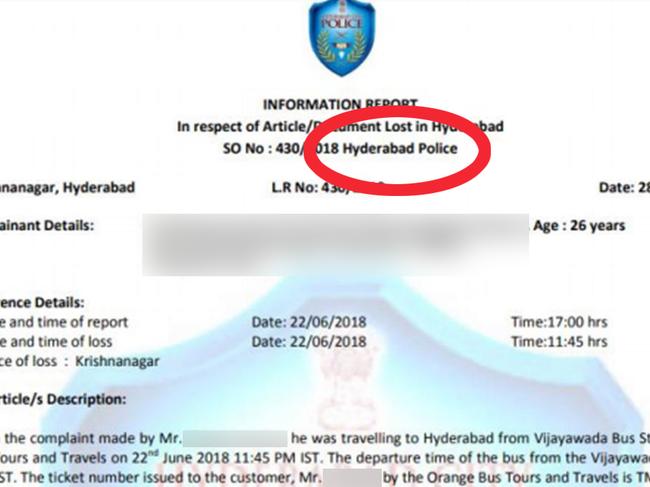 An insurance cheat tried to make a $7000 lost belongings claim using this fake police report from India.