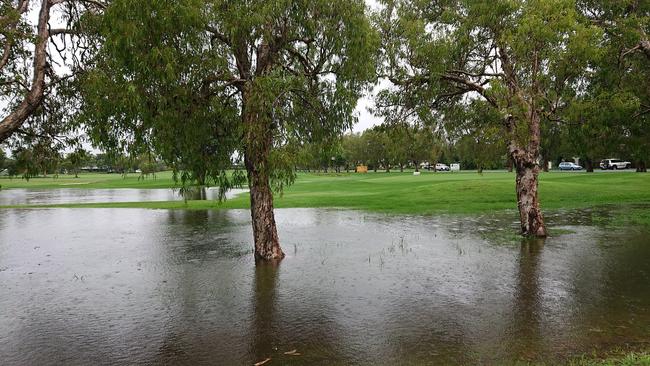 The first hole at Proserpine Golf Club in January after heavy rain fell on the town. Photo: Peter Lewis