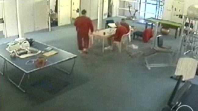 Stills from the footage inside the Barwon Prison's Acacia Unit Gym and Recreation area shown in the County Court. Picture: Channel 10.