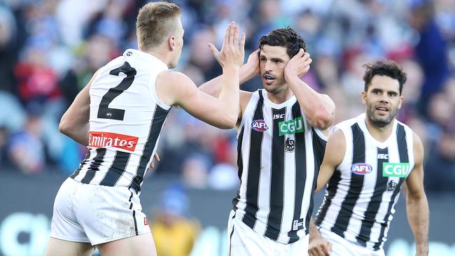 Jordan De Goey celebrates a goal for the Magpies. Picture: Michael Klein