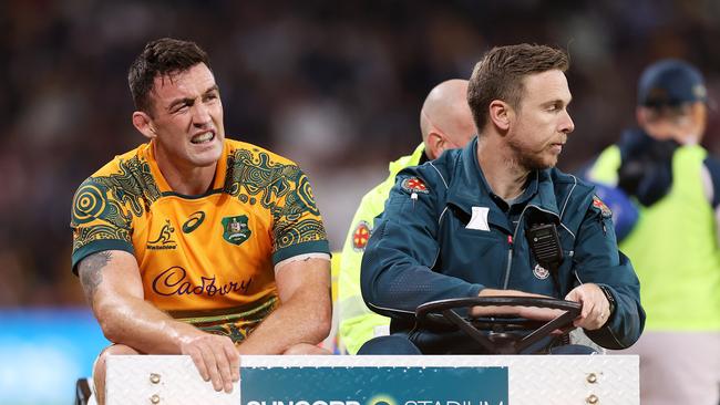 BRISBANE, AUSTRALIA - JULY 09: Cadeyrn Neville of Australia goes off injured during game two of the International Test Match series between the Australia Wallabies and England at Suncorp Stadium on July 09, 2022 in Brisbane, Australia. (Photo by Mark Kolbe/Getty Images)