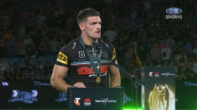 Nathan Cleary accepts the Clive Churchill.