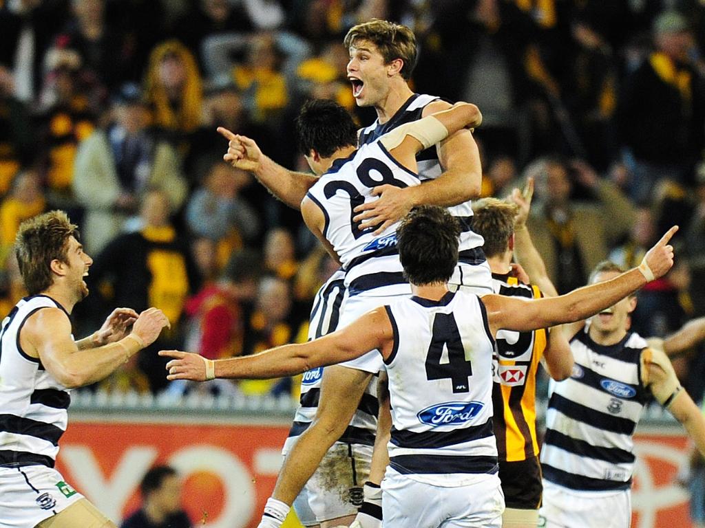 Tom Hawkins celebrates his gamewinner. Picture: George Salpigtidis