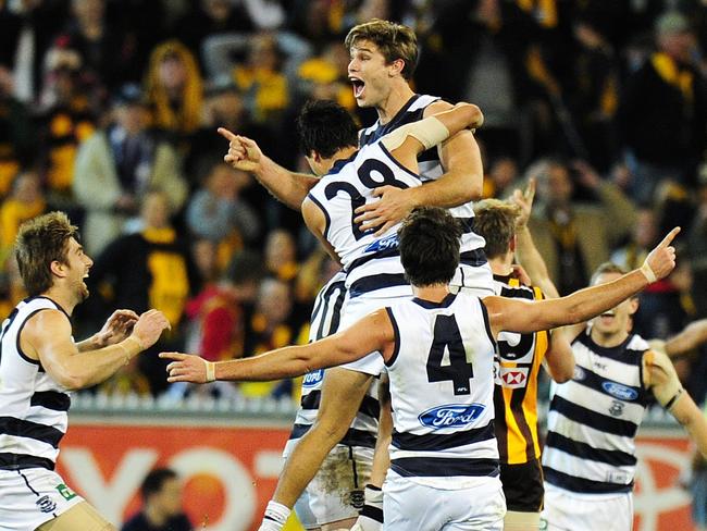 Tom Hawkins celebrates his gamewinner. Picture: George Salpigtidis