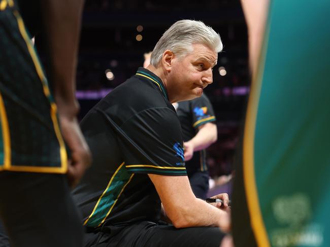 SYDNEY, AUSTRALIA - JANUARY 19: Jackjumpers coach Scott Roth addresses players during the round 17 NBL match between Sydney Kings and Tasmania Jackjumpersa at Qudos Bank Arena, on January 19, 2025, in Sydney, Australia. (Photo by Mark Evans/Getty Images)