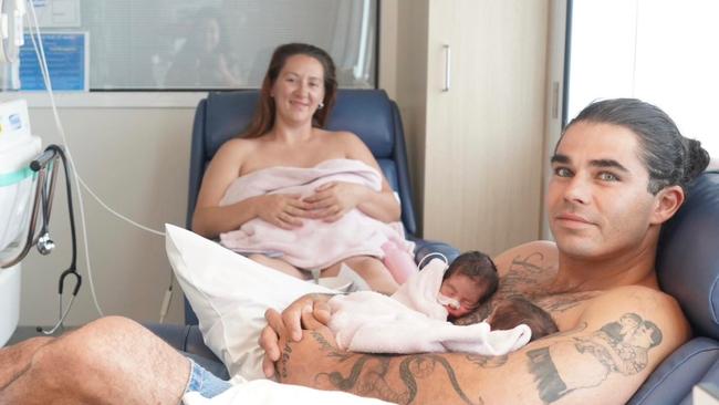 First-time parents Keely Walsh and Mathew Alves with Aurora, Niara and Moana. Picture: Supplied/ Department of Health.