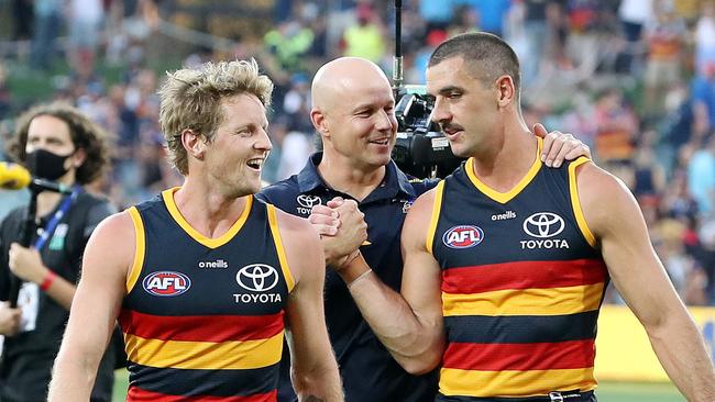 Matthew Nicks, Adelaide Coach with captain Rory Sloane and Taylor Walker last season.