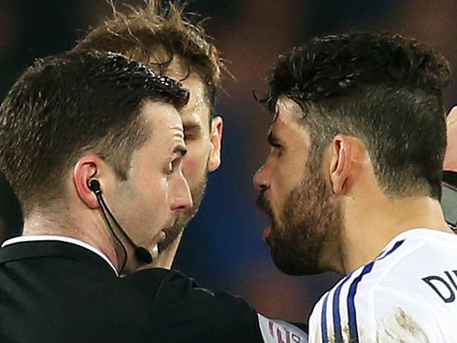 LIVERPOOL, ENGLAND - MARCH 12: Diego Costa of Chelsea reacts after his red card by referee Michael Oliver during the Emirates FA Cup sixth round match between Everton and Chelsea at Goodison Park on March 12, 2016 in Liverpool, England. (Photo by Chris Brunskill/Getty Images)