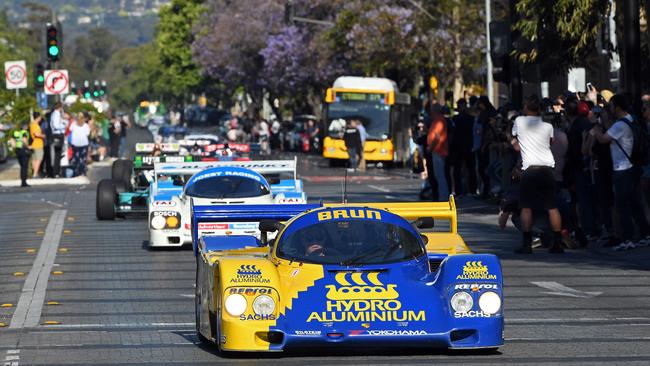 Cars including Adelaide-era F1 cars head down Wakefield Street, as part of the 2018 Adelaide Motorsport Festival. Picture: Tom Huntley