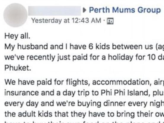 The mother of a 22-year-old son said he called her 'stingy' because she wouldn't cover the cost of his lunches on holiday. Picture: Facebook