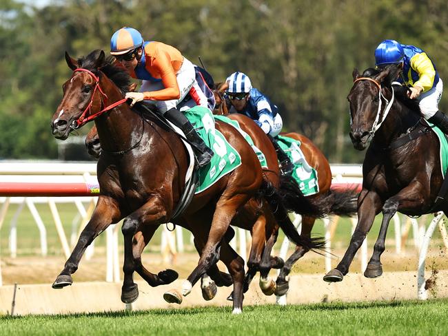 WYONG, AUSTRALIA - JANUARY 11: Adam Hyeronimus riding Headley Grange win Race 6 Central Coast Community News during Sydney Racing: Wyong 150th Anniversary And The Lakes Race Day at Wyong Racecourse on January 11, 2025 in Wyong, Australia. (Photo by Jeremy Ng/Getty Images)