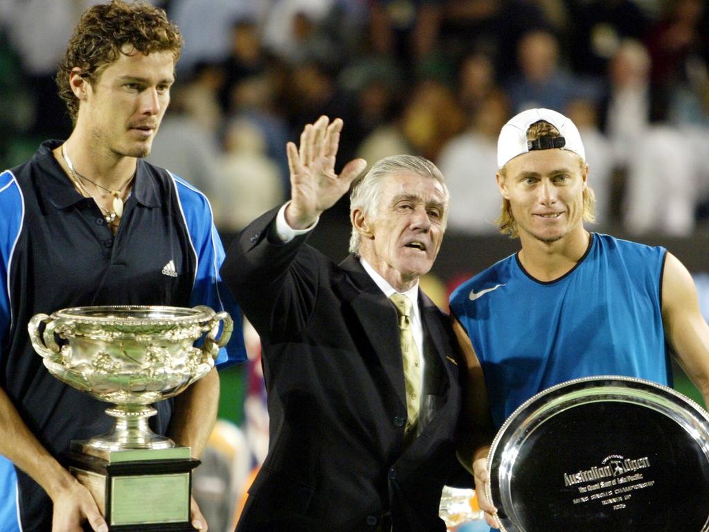 Marat Safin, Ken Rosewall and Lleyton Hewitt at the 2005 Australian Open final.