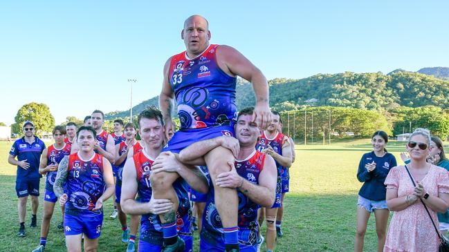 Centrals Trinity Beach Bulldogs player Luke James has played his last AFL Cairns game on Saturday, kicking 5 goals against the Cairns Saints. Luke James is chaired off the field by his team mates at full time. Picture: Brendan Radke