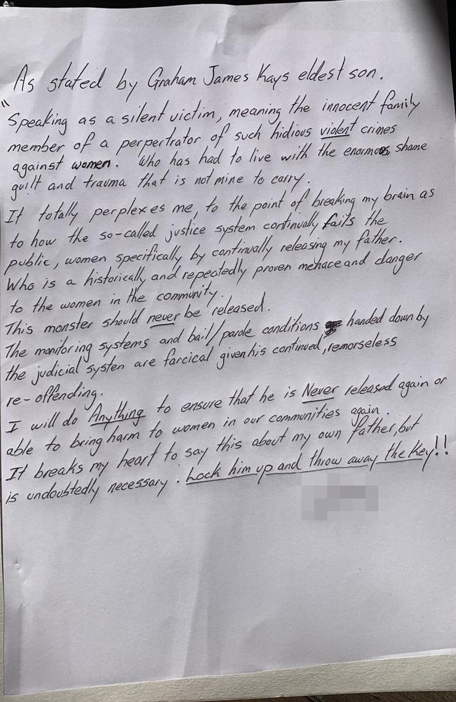 The letter to the court from Kay’s son. Source: Supplied