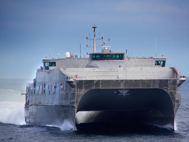 US Navy’s Joint High Speed Vessel (JHSV) during sea trials. This vessel (which is actually designed in Australia and built in the USA by Austal Ships of WA) uses the RAC Plus panelling produced by CBG Systems - I checked with the managing director Javier Herbon to make sure I have the right vessel. Also attached is a much lower-res one of three at shipbuilder Austal USA's Mobile, Alabama, yard.