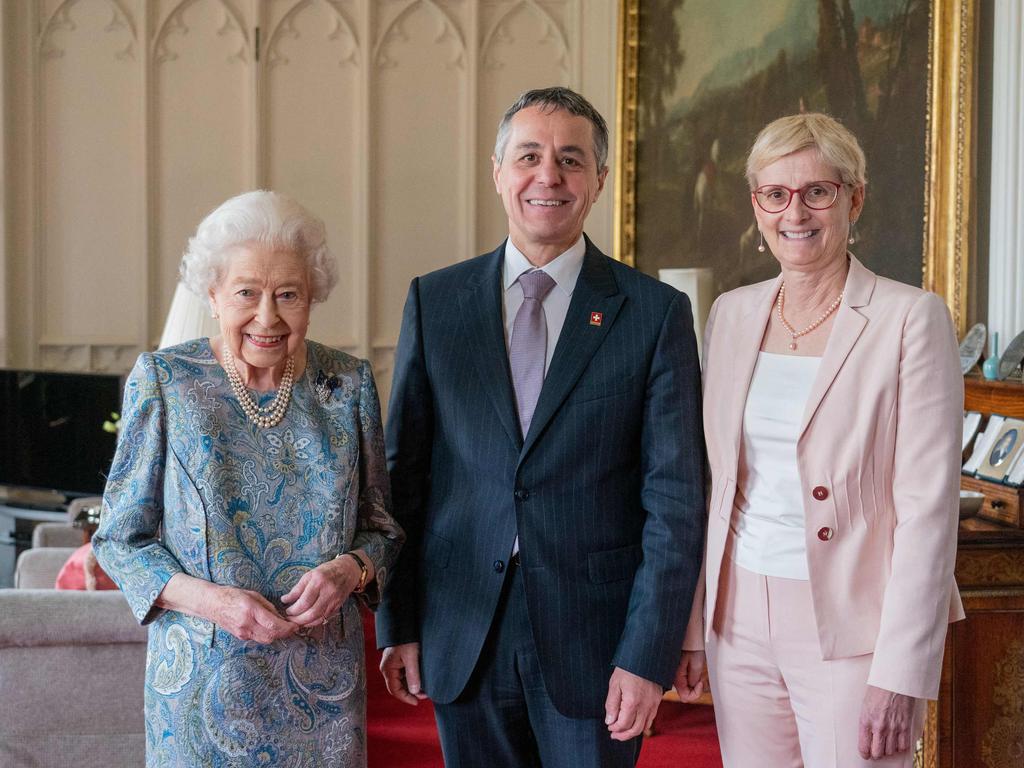 Queen Elizabeth II during an audience with Switzerland's President Ignazio Cassis (C) and his wife Paola Cassis. Picture: Dominic Lipinski/AFP