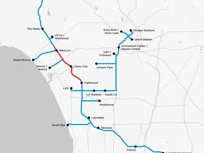The red segment represents the testing tunnel, while blue segments are potential expansion routes.