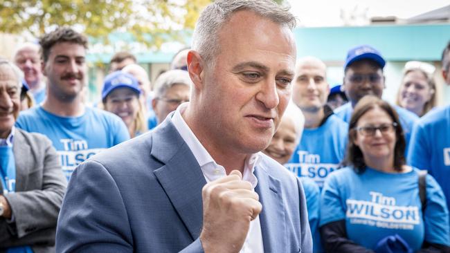 Liberal candidate Tim Wilson celebrates after defeating independent Zoe Daniel in the seat of Goldstein. Picture: Jake Nowakowski