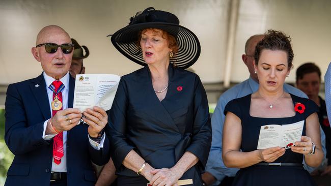 His Honour Professor the Honourable Hugh Heggie, Ms Ruth Eirwen Jones and Chief Minister Lia Finocchiaro at the Darwin Cenotaph's Remembrance Day service, 2024. Picture: Pema Tamang Pakhrin