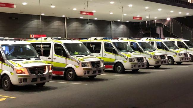 Ambulances lined up at the Gold Coast University Hospital raising concerns about ramping.