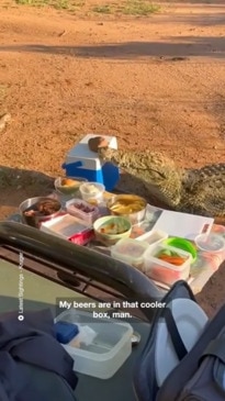 Hungry crocodile invades picnic, steals esky