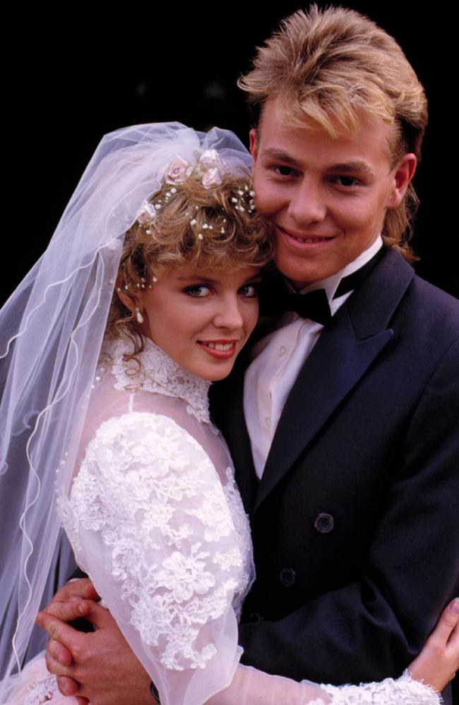 expectations of Kylie Minogue marrying have abounded since her TV wedding as Charlene on the soap Neighbours to actor Jason Donovan’s character Scott. Picture: Channel Ten.