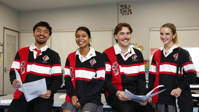 After their HSC maths standard exam (left to right) Aidan Fathinia, Sofia Culas, Chase Koorey and Melai Bloch. Picture: Jonathan Ng