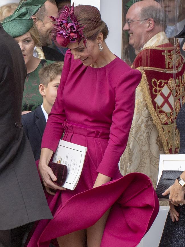 The Duchess of Cambridge had a Marilyn Monroe moment on the steps after the ceremony. Picture: Getty Images