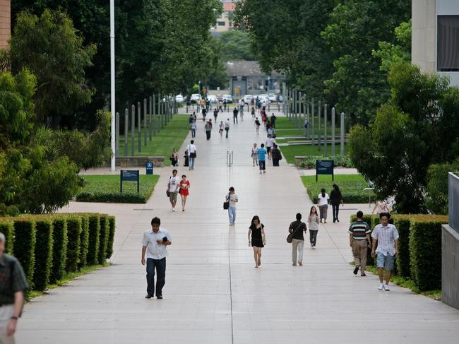 Staff and students on campus at the University of NSW, Kensington in Sydney.