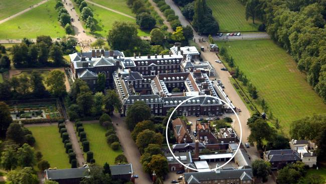 Aerial view of Kensington Palace, London. Circled is Nottingham Cottage. Picture: Getty Images