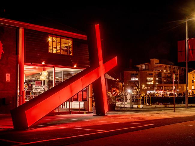 Crosses on the Hobart waterfront as part of Dark Mofo. Picture: Darklab