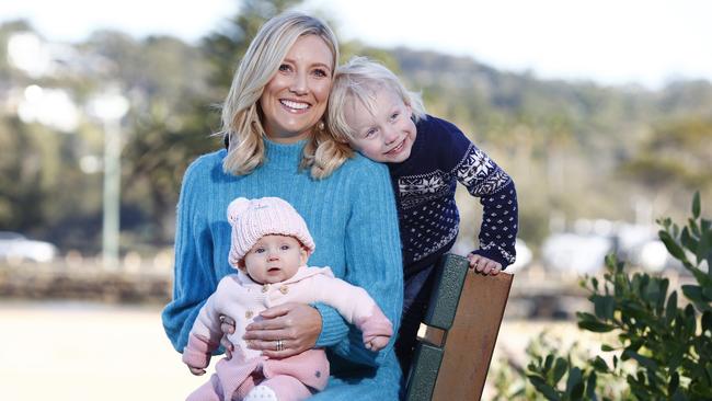 Channel 7 weather presenter Angie Asimus with her son Austin Abbott (3) and baby daughter Scarlett Abbott (6 months). Picture: Richard Dobson.