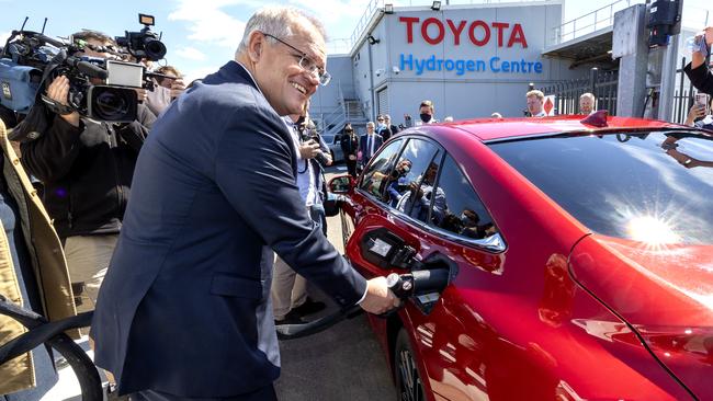 Prime Minister Scott Morrison visits the Toyota Hydrogen Centre in Altona to unveil a new $250m electric vehicle plan on Tuesday. Picture: NCA NewsWire / David Geraghty