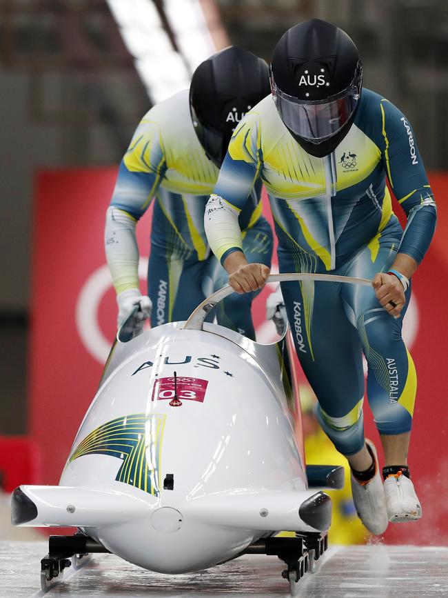 Australia’s Lucas Mata and David Mari in the two-man bobsled competition in PyeongChang, South Korea. Picture: AP Photo/Andy Wong