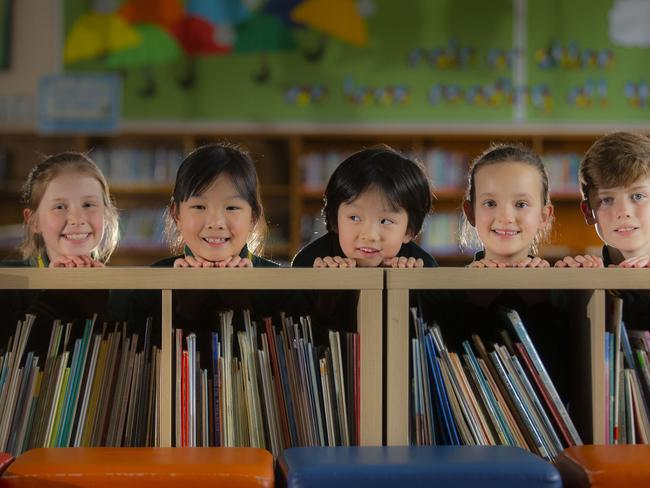 School growth. Brandon Park PS student enrolments rocketed past few years. Lucy (gr  4), An Ye (gr 3), Chen Ye (Gr 1), Abbey (gr 2) and james (gr 6). Picture: Valeriu Campan